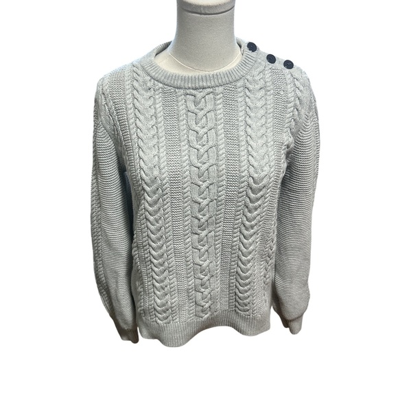 Banana Republic Cable Knit Sweater Womens Medium Gray Cotton Button Shoulder - Picture 2 of 8